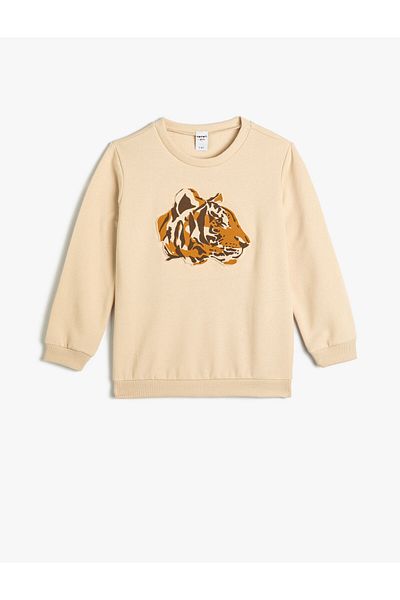Koton Sweatshirt Long Sleeve Crew Neck Tiger Embossed Printed Raised