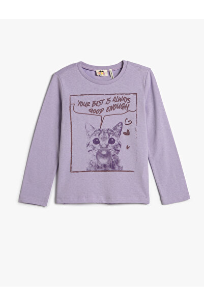 Koton T-Shirt mit Katzenmuster, langärmlig, Rundhalsausschnitt aus Baumwolle