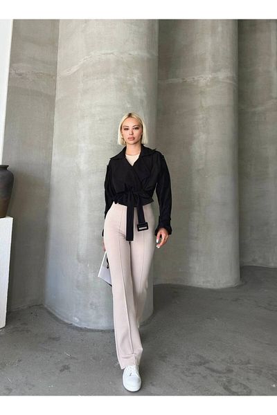 Fav Style Trenci negru crop - cu detaliu de centură și nasturi
