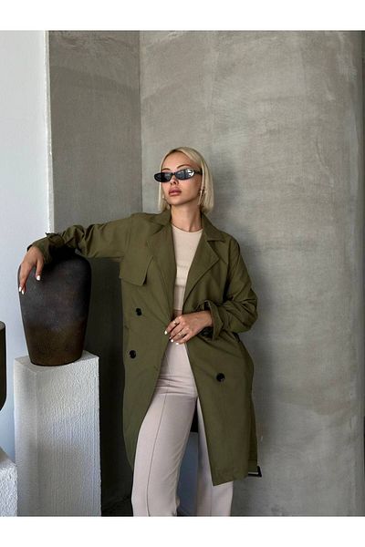 Fav Style Khaki Women's Trench Coat - Double Pockets, Belt and Buttons