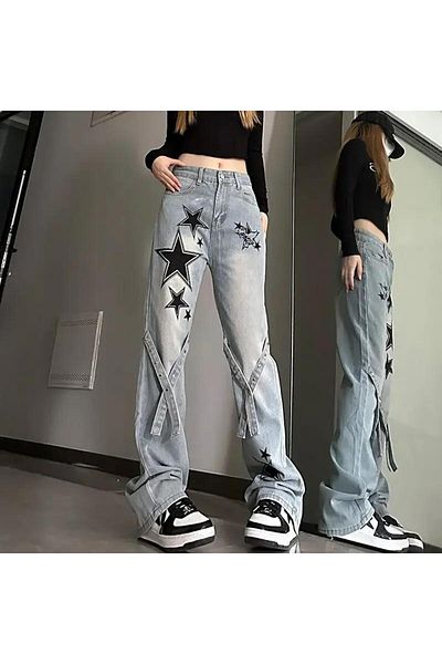 Touz Moda High Waist Star Detailed Wide Leg Boyfriend Pants
