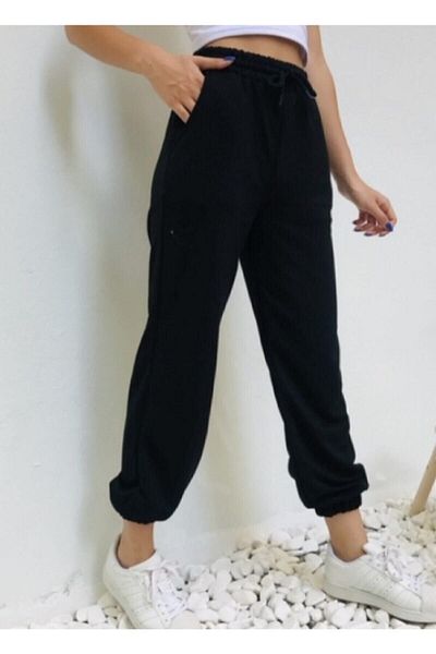 Noa Noa Pantaloni de sport negri uni elastici de damă