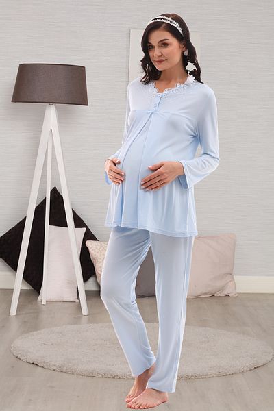 lohusahamile Set de pijamale de maternitate albastru cu maneci lungi si buzunare - Alaptare ascunsa