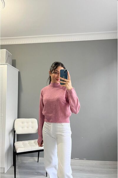 berceste Dik yaka Basic Pembe Triko kazak