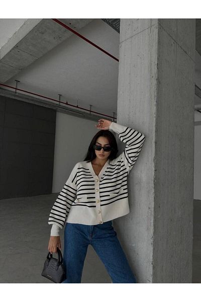 berceste Black Ecru Striped Pocket Detailed Cardigan