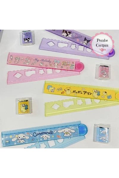 Pembe Çarşı Sanrio Stationery Set with Ruler 1 Set - Kuromi, My Melody, Cinnamoroll, Pompompurin