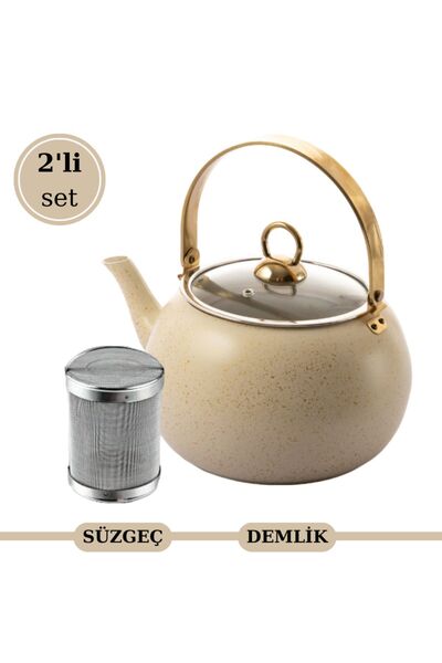 Evren Cream Küre Bitki Çayı Demliği Çaydanlığı 1 lt ve Kafes Tel Süzgeç 2'li Set