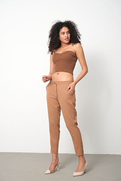 SIMO CLUB Kadın Havuç Kesim Bilek Boy  İp Detaylı Beli Lastikli Kumaş Pantolon