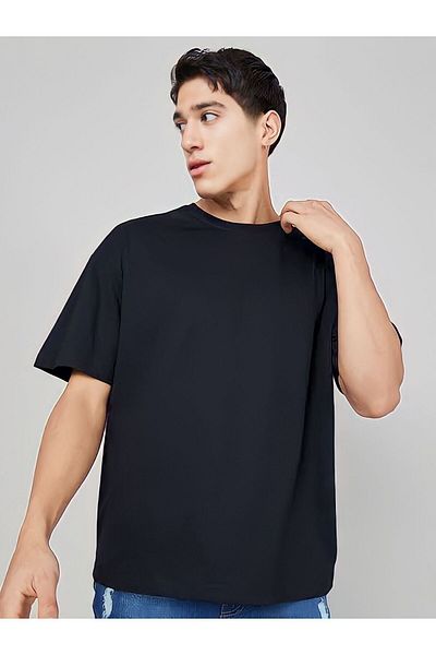 OPPOCEİTE Tricou negru oversize cu gât crew unisex pentru bărbați/femei
