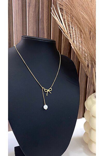 JustGAF Gold / Gold Color Bow End Pearl Look Dangle Bead Detail 316L Steel Ne...