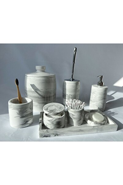 Ture Concept Mermer Görünümlü Banyo Seti Çöp Kovası ,tuvalet Fırçası, Tepsi,sabunluk ,pamukluk, Cubukluk