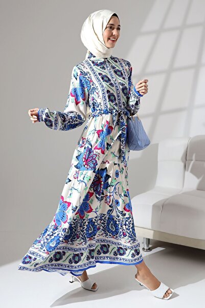 Mihran Butik 100% viszkóz alkalmi és kényelmes hosszú virágmintás gombos övgalléros tüll nyári ruha