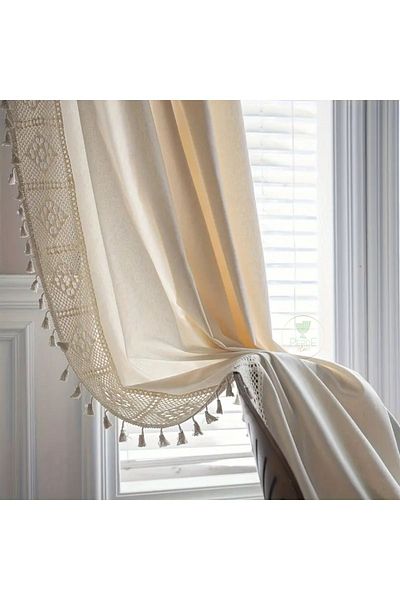 Perdeplus Bohemian Rustic Style - 100% Cotton Background Curtain, Single Wing Lace and Tassel Detail