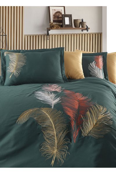 Dantela Cotton Satin Double Duvet Cover Set - Iz Green