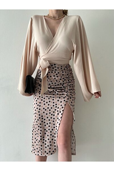 Bahar Moda Puantiyeli Vizon Etek Saten