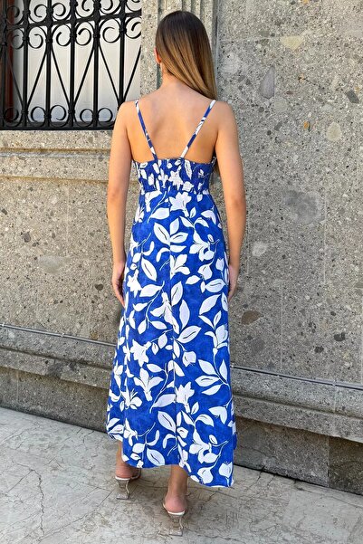 GÜLSELİ Sax Blue Summer Dress with Rope Straps and Gathered Front