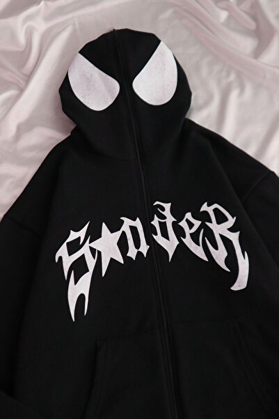 EFBUTİK Black Hooded Back Printed Spiderman Mask Cardigan