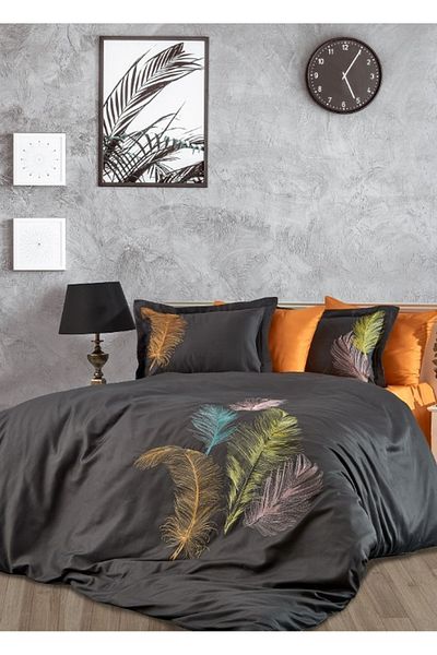 Dantela Double Trace Cotton Satin Duvet Cover Set - Anthracite/Orange