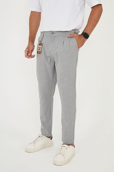 BROCARD Ανδρικό γκρι ιταλικό κομμένο Boyfriend Fit Άνετο καλοκαιρινό υφασμάτινο παντελόνι με ζώνη με αγκράφα