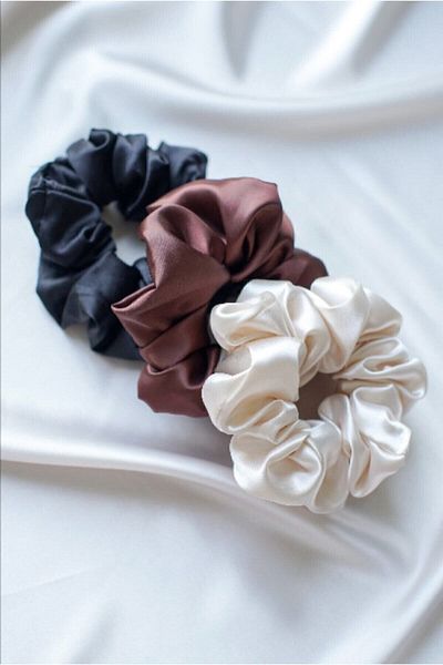 pistore Set de 3 piese pentru femei din satin pentru păr elastic, negru, cupru, ecru