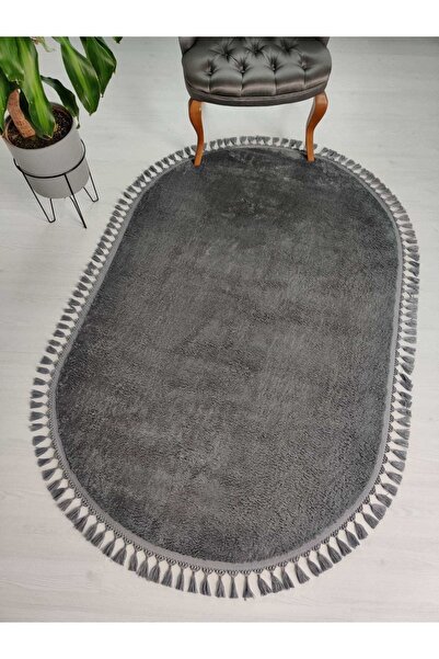 Oval Fringed Post Plush Carpet Anthracite