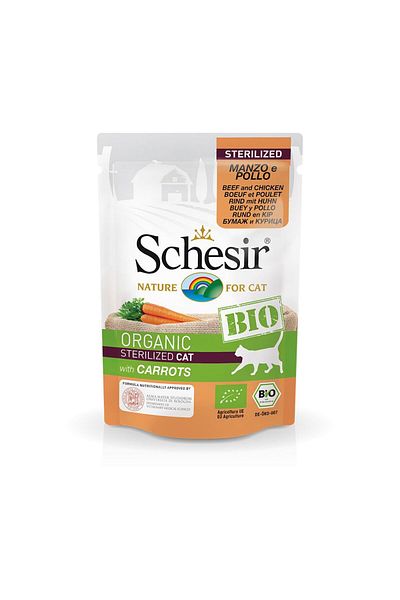 Schesir Bio Sterilized Beef And Chicken With Carrots Cat Food Pouch, 85g, Pack of 12