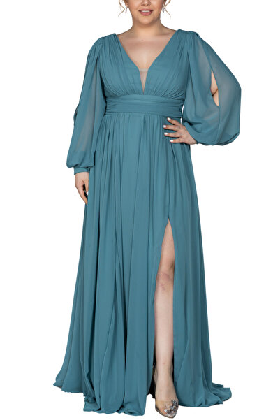 Arden Büyük Beden Abiye Elbise, Şifon, A-line, Ön-Arka V Yaka, Uzun Kol, İndi...