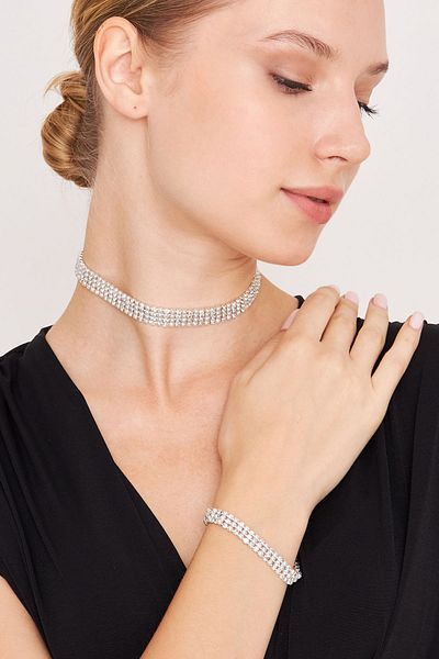 Furtek Aksesuar Women's Blancos Model Pearl and Zircon Stone Silver Waterway Necklace Necklace Bracelet Combination Jewelry Set