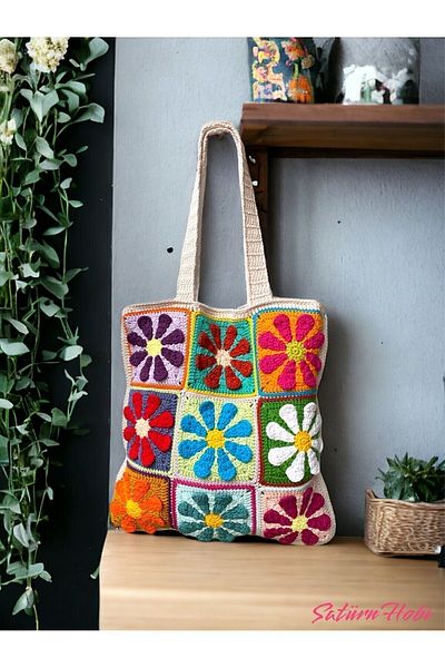 Satürn Hobi Knitted Flower Motif Tote Bag