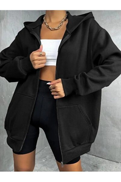 DEEPSENCE Unisex Siyah Kapüşonlu Ceket Şardonlu Kumaş Hırka
