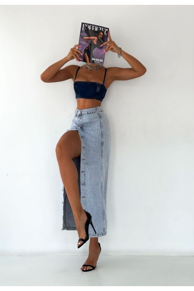 Genel Markalar Yandan düğmeli denim etek