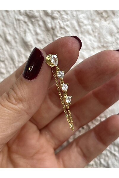denizden silver Tekli Gümüş Taşlı Zincir Küpe - 1 Adet
