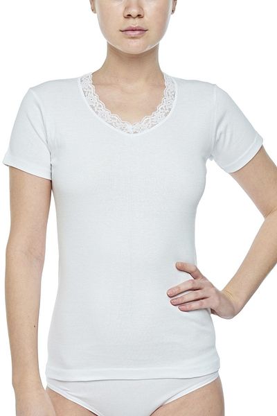 FSM1453 Tricou de damă din bumbac, cu decolteu în V, cu mânecă scurtă, cu dantelă, albă - 2010