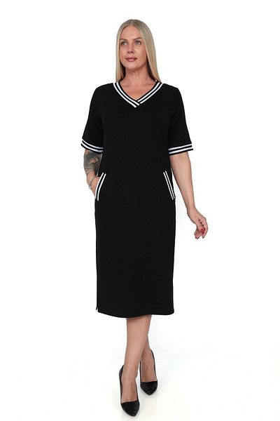 etselements X MODAPO Large Size V-neck Stripe Black Sweat Dress