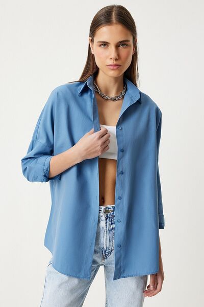 Lovelyİstanbul Oversize Basic Gömlek İNDİGO MAVİ LDD0003