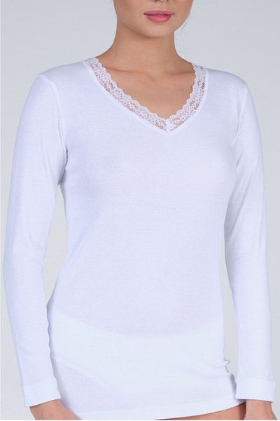 FSM1453 Women's Cotton Ribbed V-neck Long Sleeve Undershirt Lace White Undershirt 2-Piece - 2024