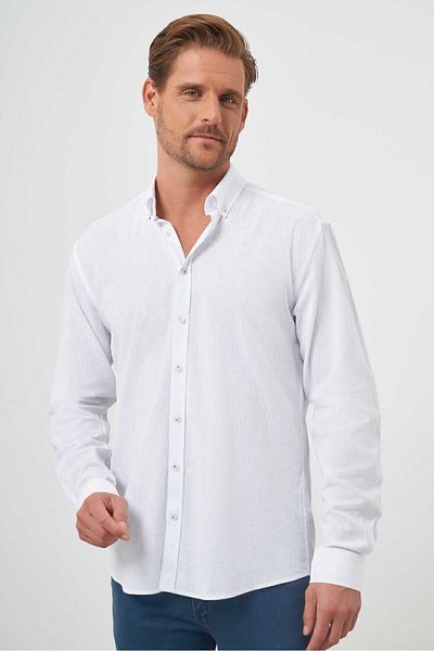 Morven Men's White Linen Plain Pattern Buttoned Collar Slim Fit Shirt