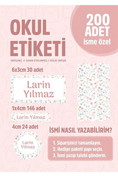 WALLHUMAN Okul Kalem Defter Etiketi Çiçek Temalı Özel Isim Yazılabilen Etiket...