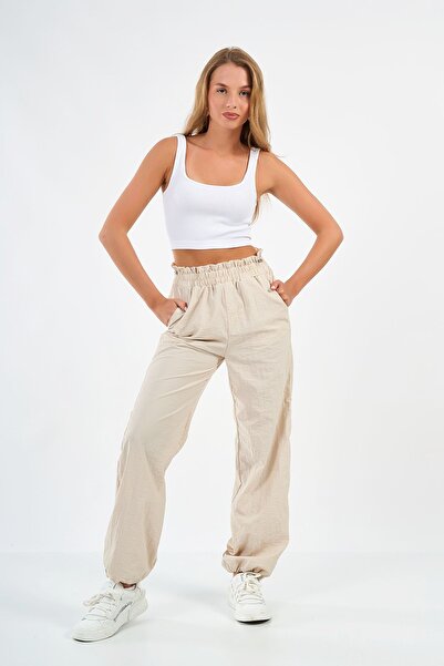 SevdeUgur Kadın Krem Paraşüt Pantolon / Kargo Pantolon / Jogger / Collection