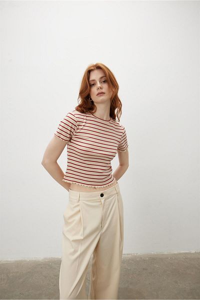 TUBİA Ecru Red Striped Crop