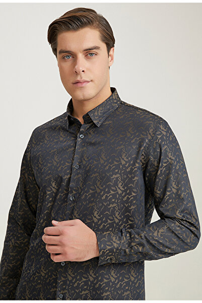 Tween Slim Fit Kahverengi Jakar Desenli %100 Pamuk Gömlek