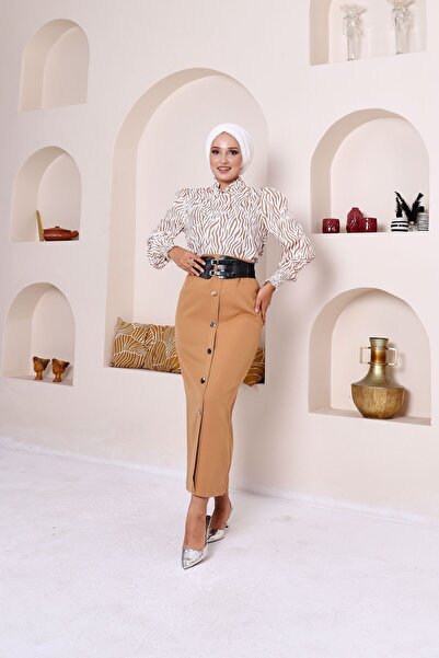 Zümrüt Belted Long Straight Skirt and Satin Blouse, Hijab Skirt Set 1426
