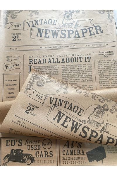 eylülün etiket fabrikası Vintage Newspaper Themed Kraft Packing Paper - 70-50 Cm., 10 Pieces