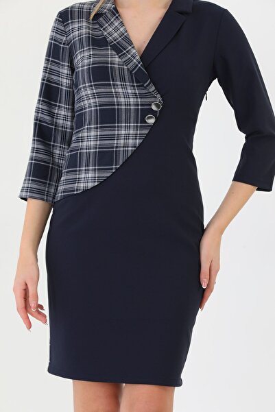 Element's Rochie de birou în carouri alb-negru pentru femei, cu două piept și dungi