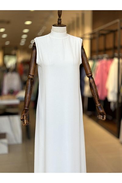 EFRAZE Ecru Sleeveless Straight Long Chiffon Dress 778