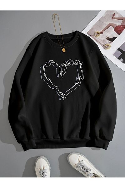 Modernica Heart Patterned Striped Winter Sweatshirt - Black, Oversize, Raised, Crew Neck