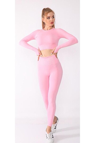 Genel Markalar Kadın Pembe Extra Yüksek Bel Dikişsiz Spor Tayt Crop Ile Takım