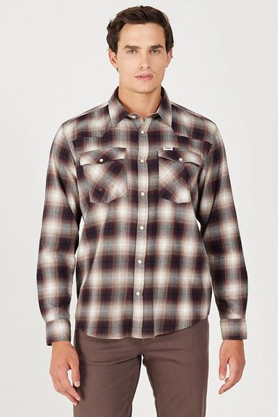 WRANGLER Beigefarbenes, weinrot kariertes Langarmhemd aus 100 % Baumwolle mit bequemer Passform