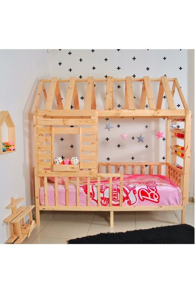 MiniWood Montessori Yatak Çocuk Yatak Raf Çatılı Doğal Çam 90x190 Menekşe