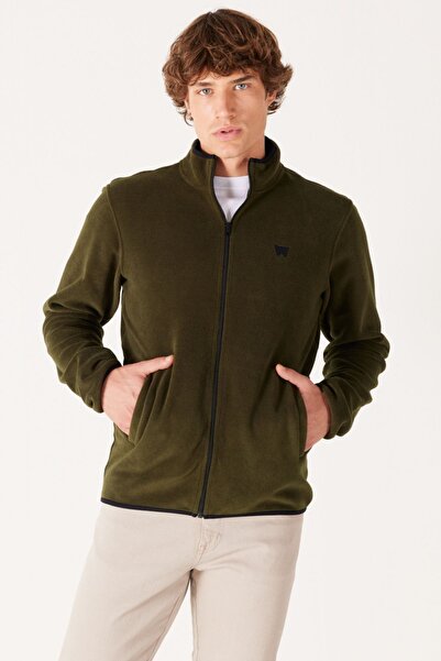 WRANGLER Regular Fit Men's Khaki Zippered Fleece Sweatshirt Jacket